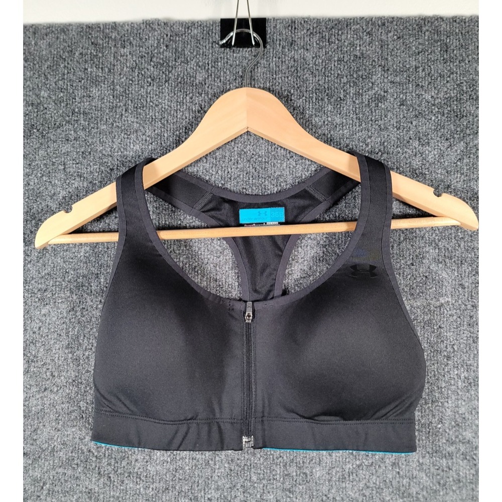 Under Armour Sports Bra Womens 36B Black Zipper Front Heat Gear Compression Gym